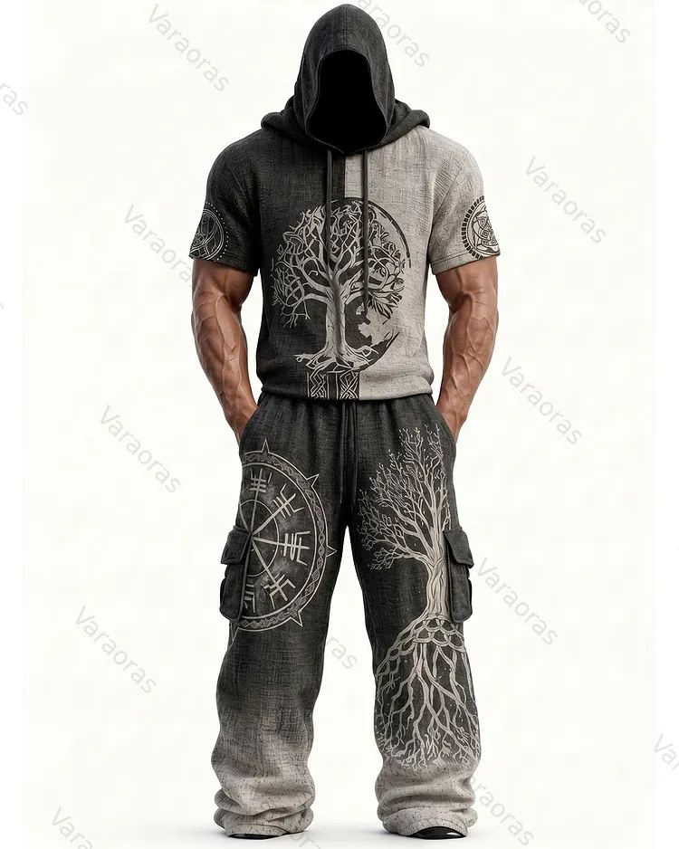 Men's Fashion Viking Contrast Color Embroidered Hoodie & Pants Two-Piece Set 3067