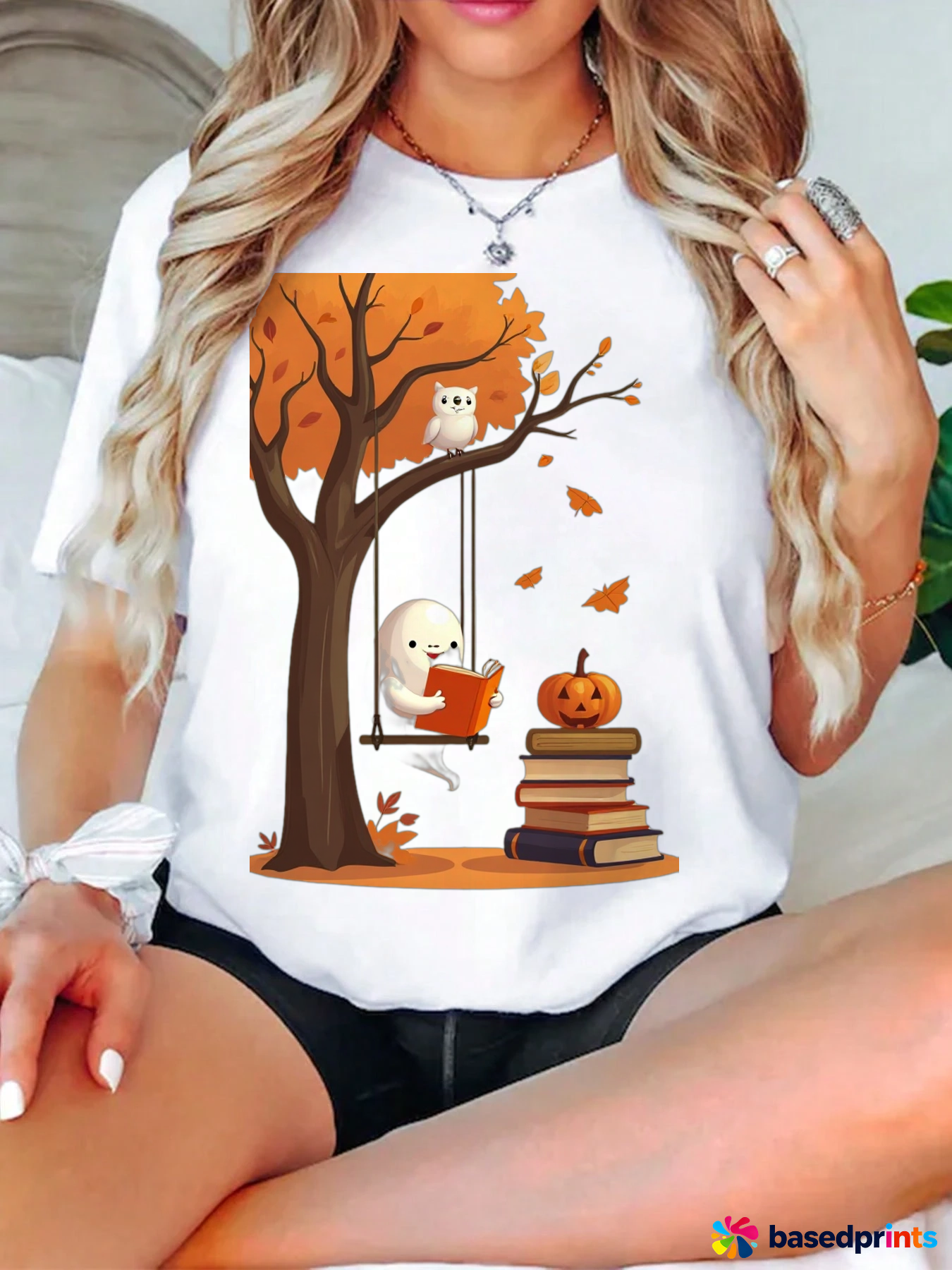 Halloween Ghost Book Pumpkin Tree Swing T-Shirt