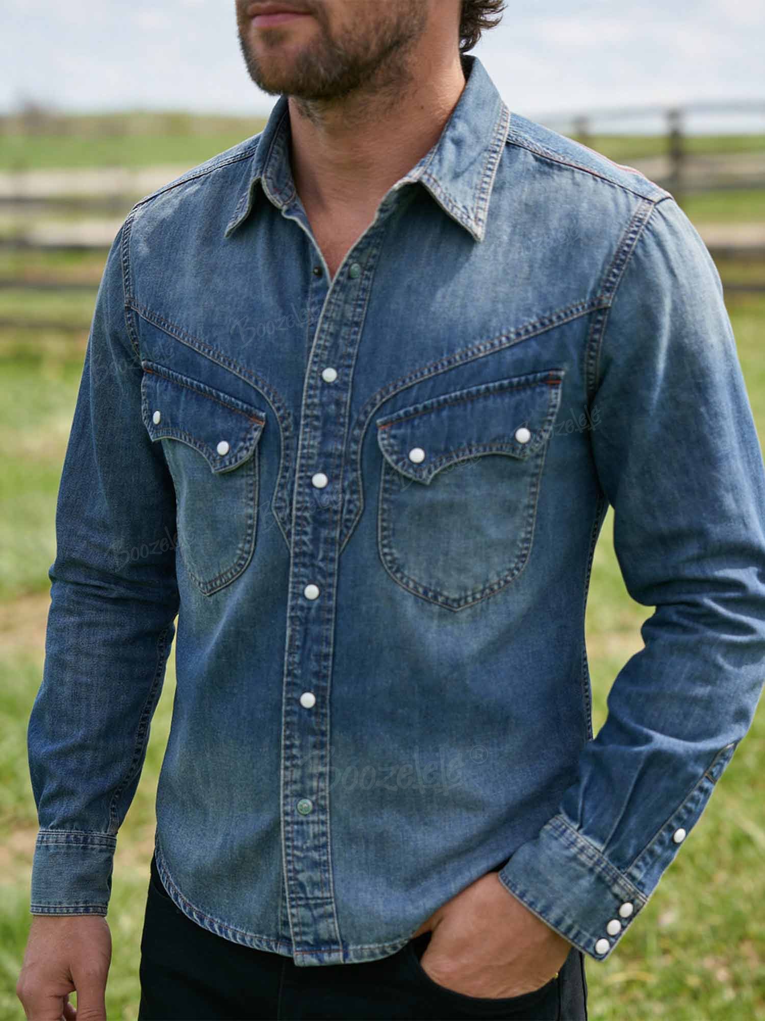 Vintage Pearl-Button, Natural Wash, Slub Cotton Western Cowboy Shirt