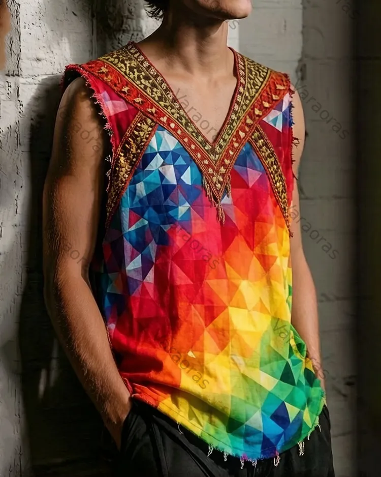 Men's Music Festival-Themed Colorful Diamond-Print Sleeveless Top 2339