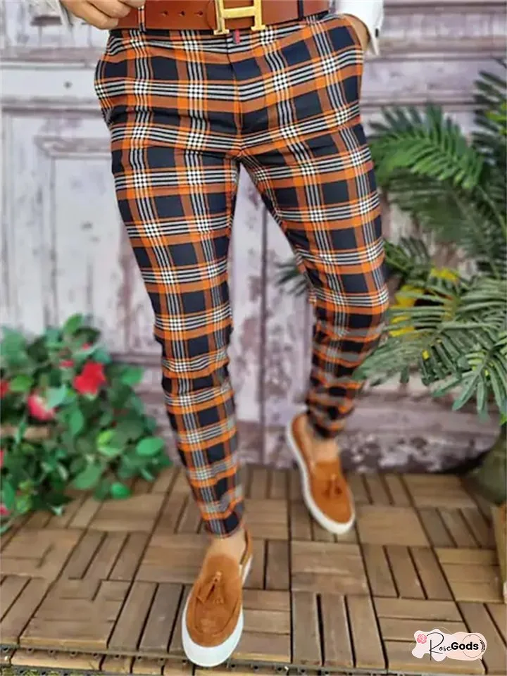 Men's Chinos Trousers Jogger Pants Plaid Dress Pants Print Lattice Full Length Casual Daily Trousers Smart Casual Yellow grid Pink Micro-elastic
