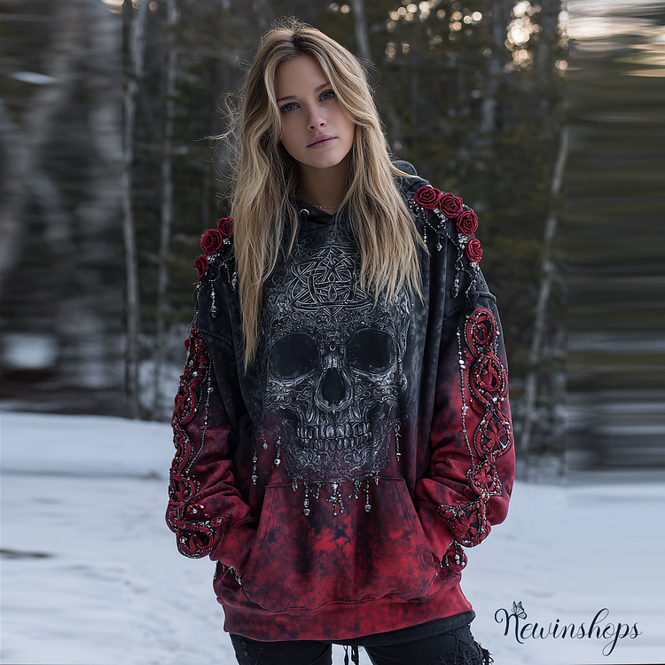 Women's Vintage Viking Tribal Skull Flower Gradien Art Cozy Hoodie