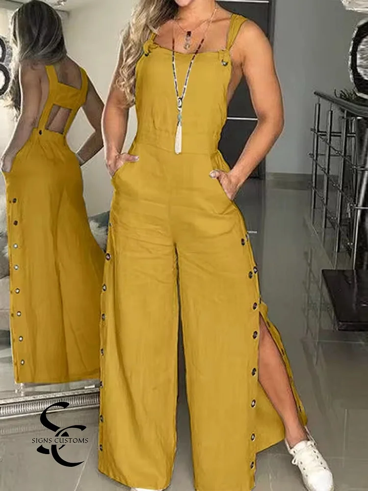 Women's Solid Color High Waist Button Casual Linen Jumpsuit Wide Leg Pants