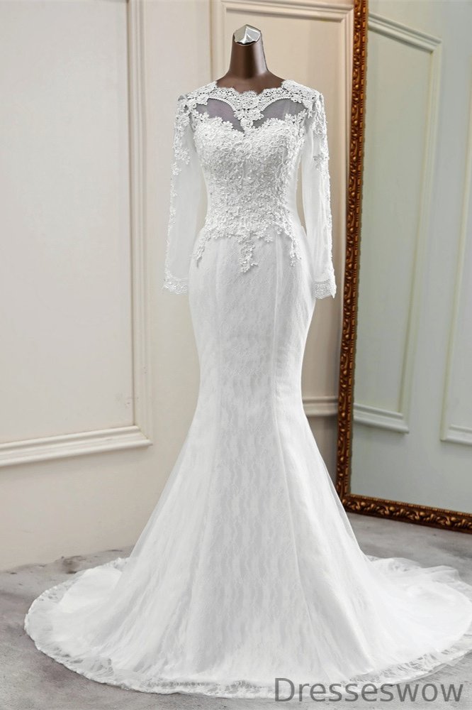 Dresseswow Jewel Long Sleeves Mermaid Wedding Dresses With