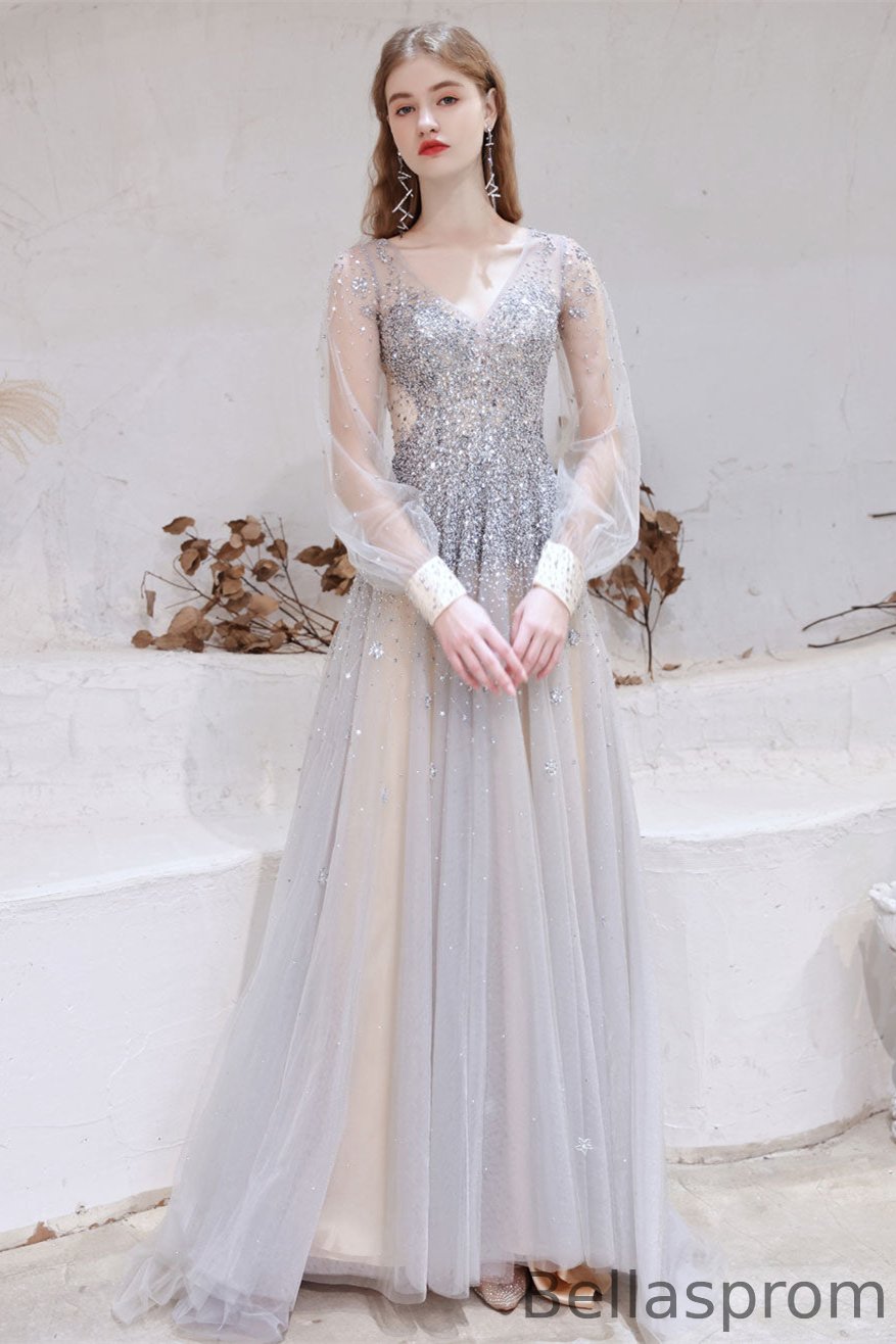 Bellasprom Long Sleeves Fairy Tulle Prom Dress Long With Beads V-Neck Bellasprom