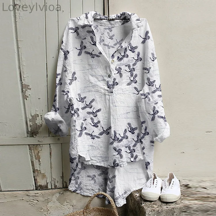 Japanese Art Crane Print Long Sleeve Casual Shirt