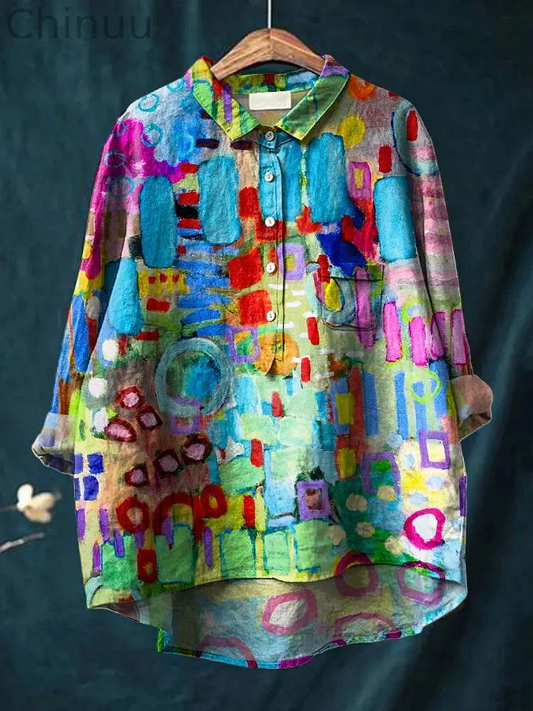Colorful Abstract Painting Printed Women's Casual Cotton And Linen Shirt