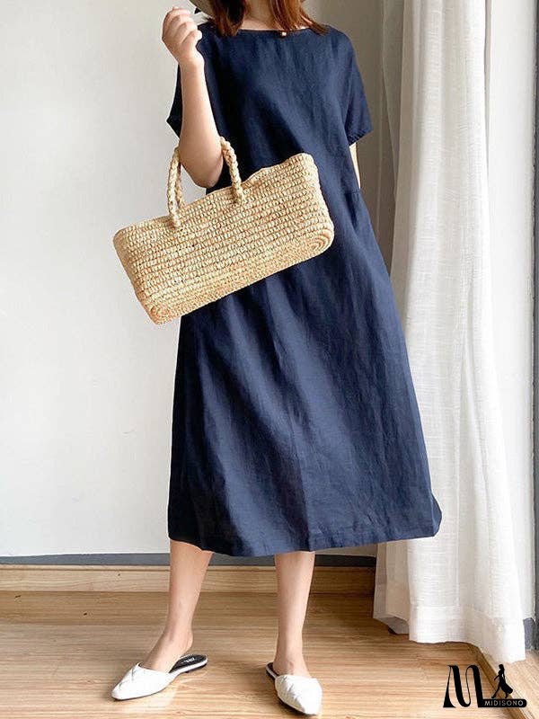 Casual Loose Solid Color Round-Neck Midi Dresses