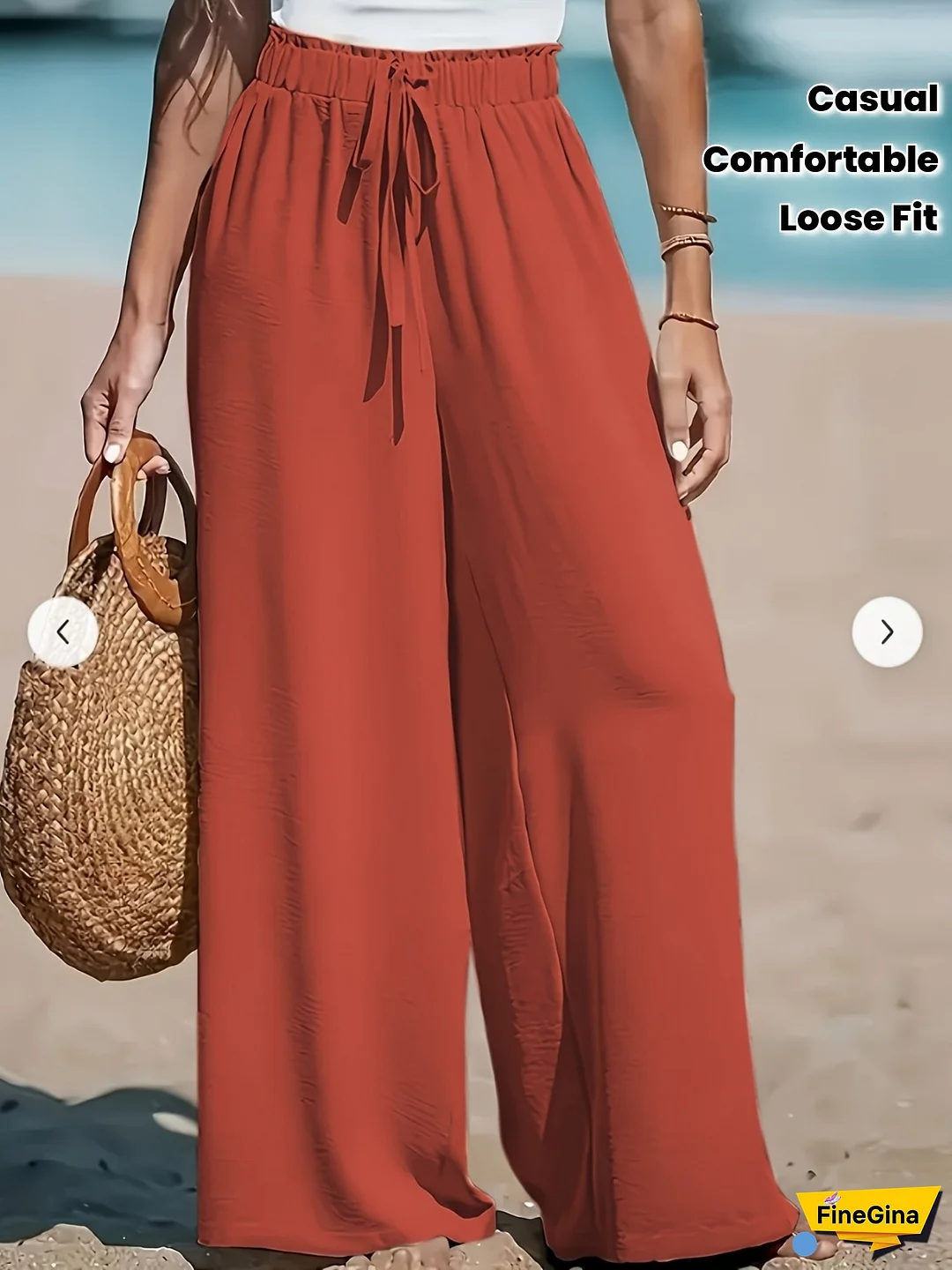 Women's Comfortable Wide-Leg Black Pants With Elastic Waistband - Casual Loose Fit, Perfect For Spring/Summer/Fall, Beach-Themed Design, Beach Casual Wear|Casual Wide Leg Pants|Elastic Waistband Pants