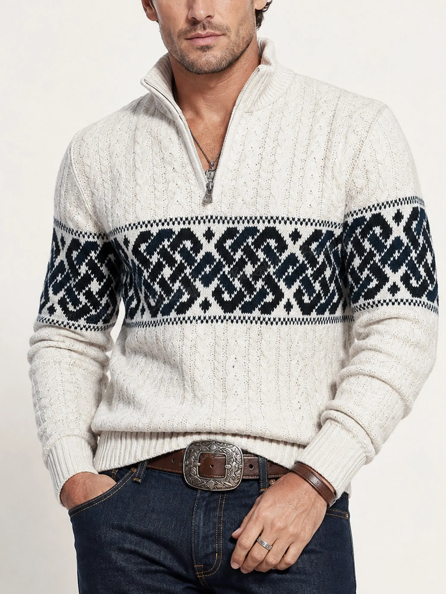 Suitable For Road Trips And Leisure Travel On Western Highways &mdash; Ivory White Geometric Pattern Stand-Up Collar Soft Knitted Men'S Pullover Sweater