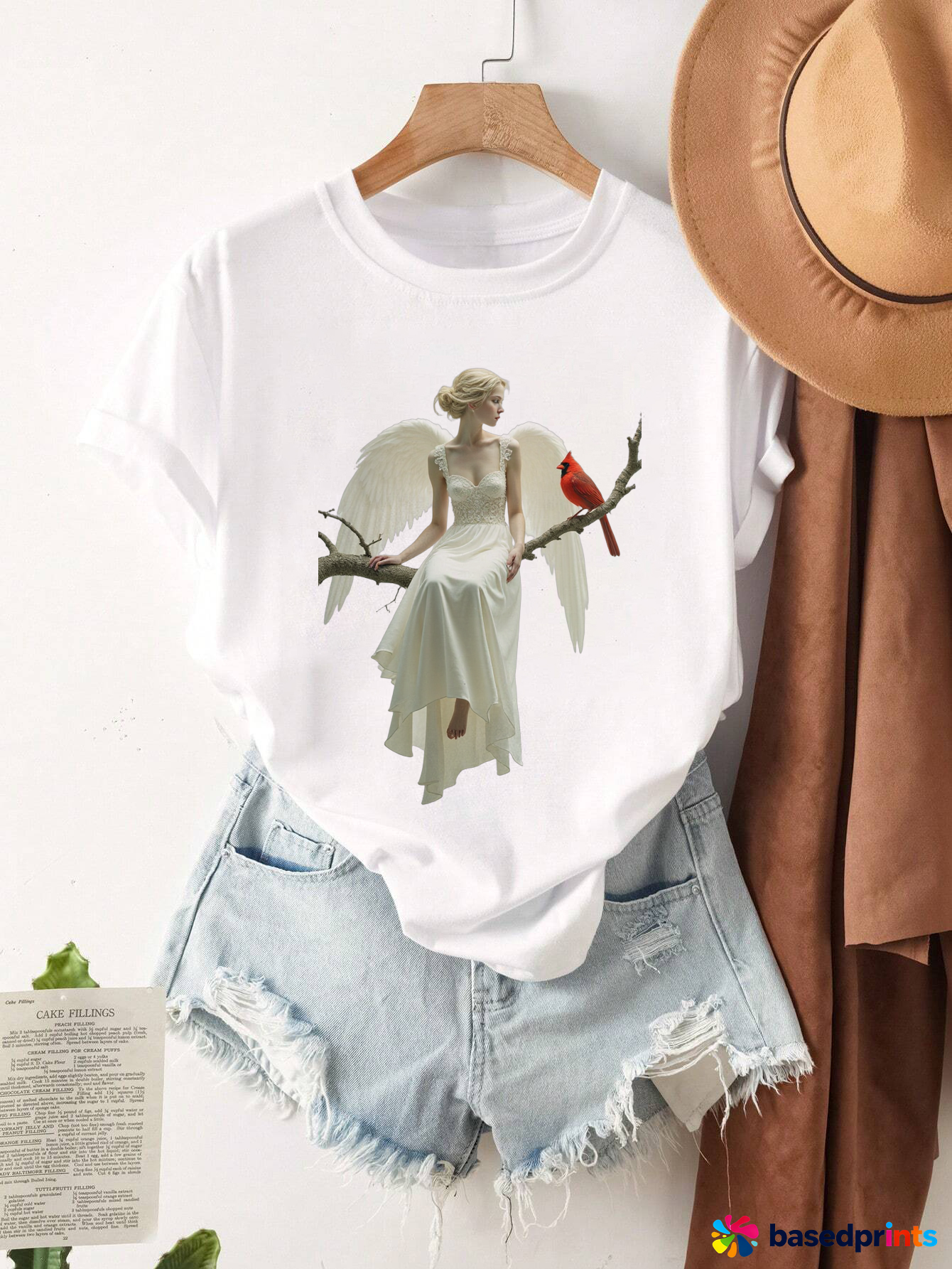 White Angel Print T-Shirt Women Casual Short Sleeve Tops