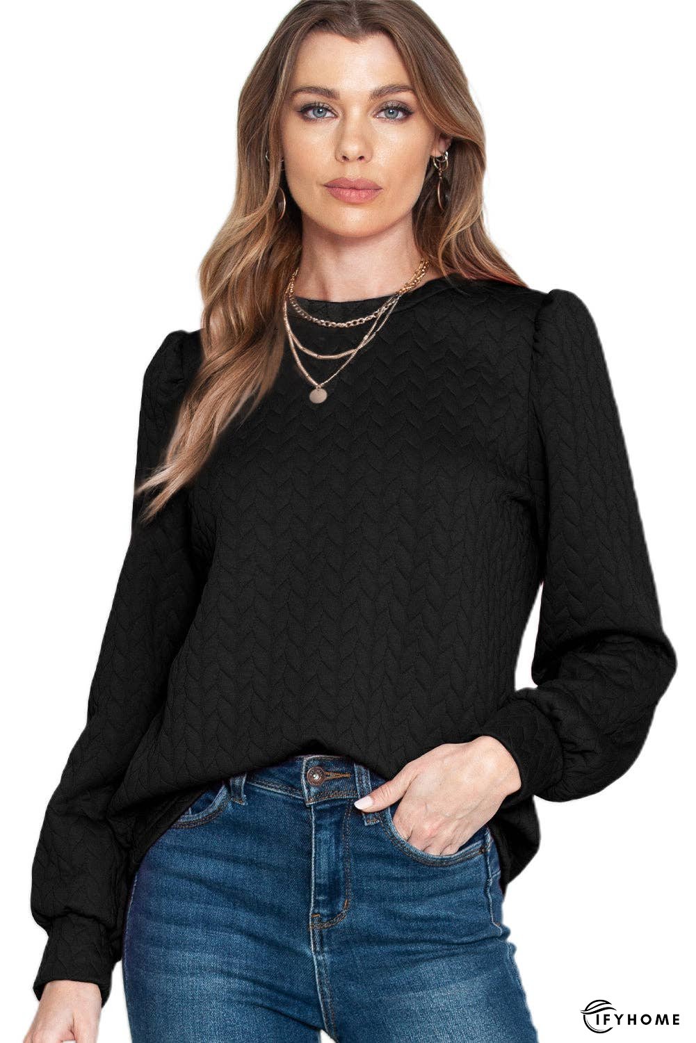 Rosy Waffle Quilted Puff Sleeve Sweatshirt | IFYHOME