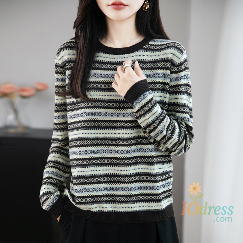 IO Dress Autumn Winter Cashmere Sweater Woman round neck Pullover Keep Warm Casual Knitted Wool Soft Female Jacket Korean stripe Tops