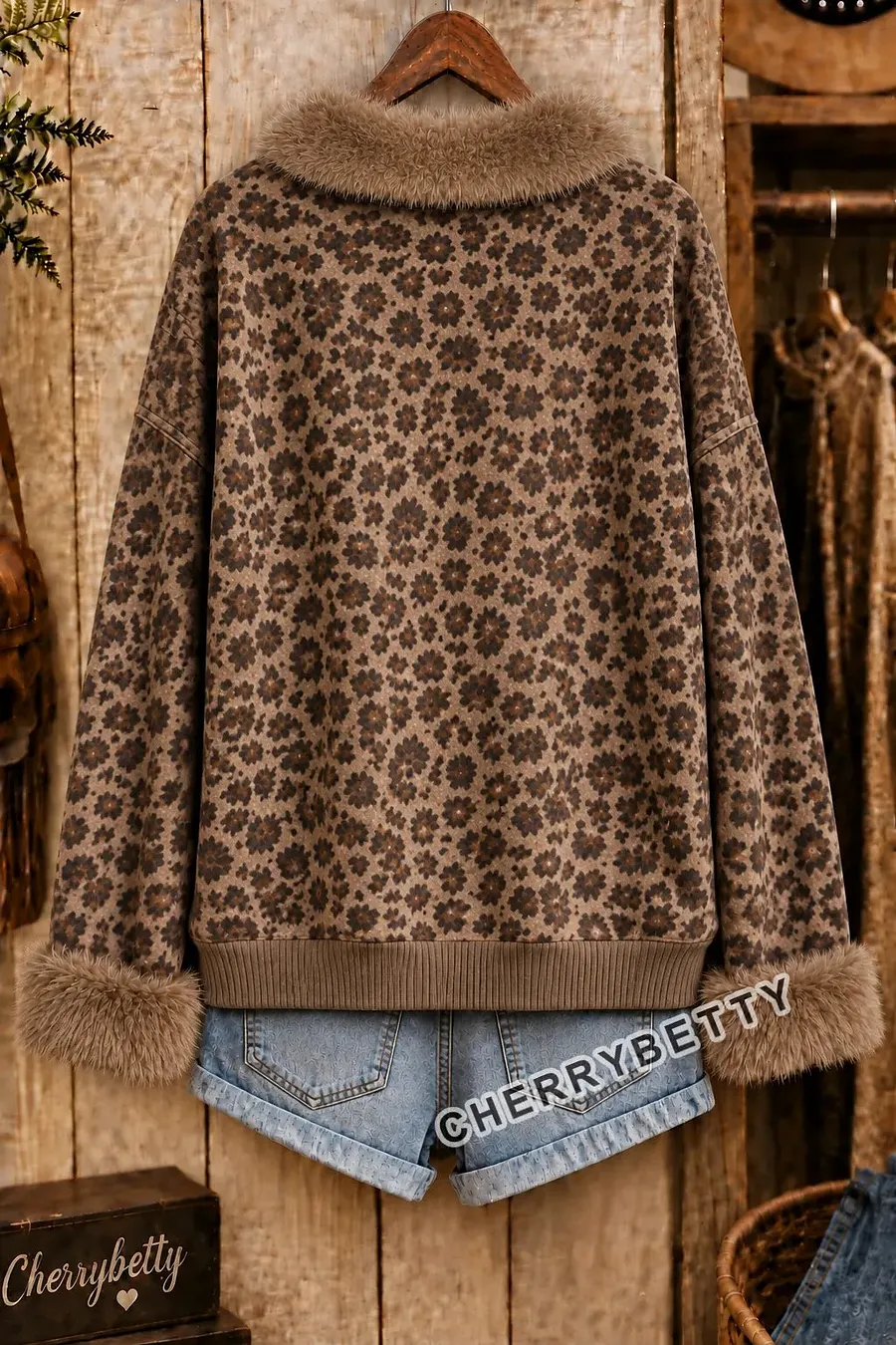★ FRIPIER_vintage_★ Vintage Leopard Print Knit Faux Fur Collar Sweatshirt