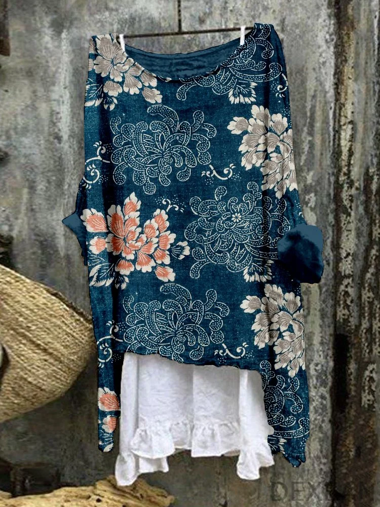 Vintage Floral Pattern Linen Blend Flowy Tunic