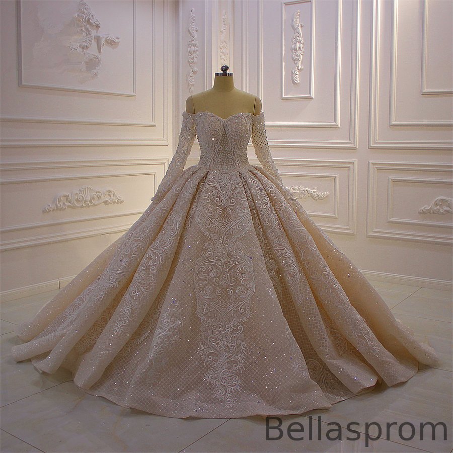 Bellasprom Elegant Off-the-Shoulder Long Sleeves Ball Gown Wedding Dresses With Lace Appliques Bellasprom