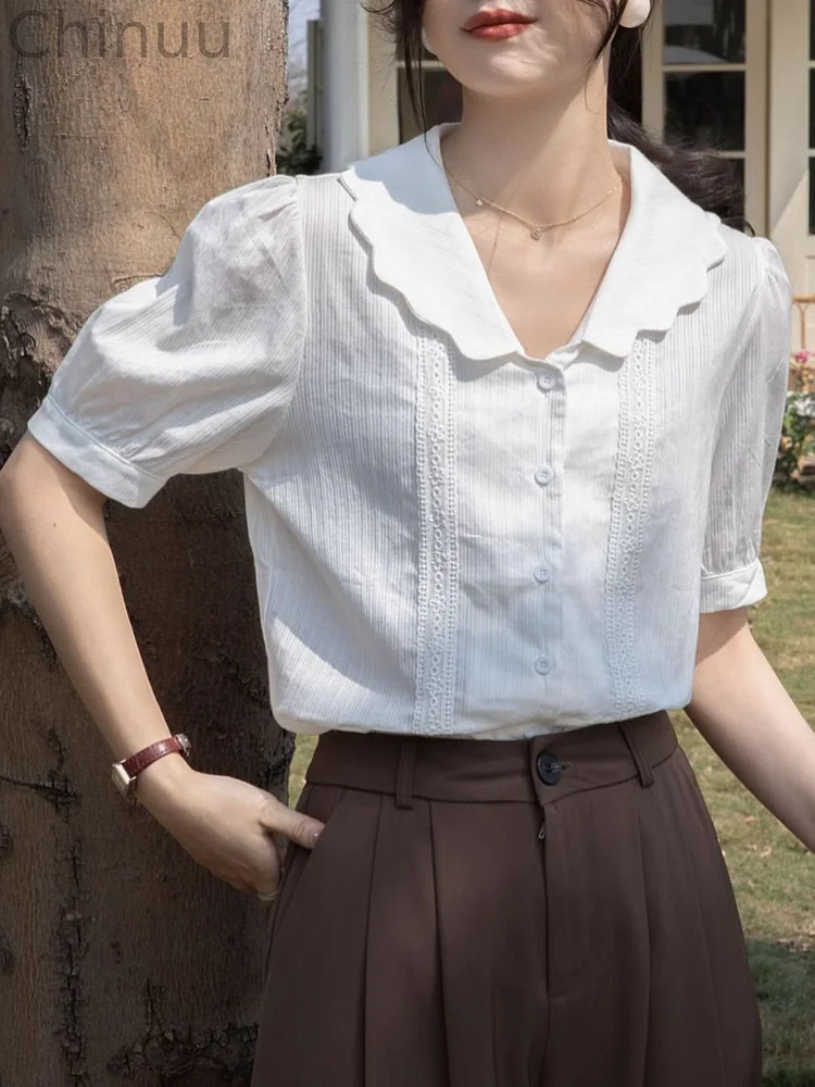 White Petal Collar Puff Sleeve Shirt