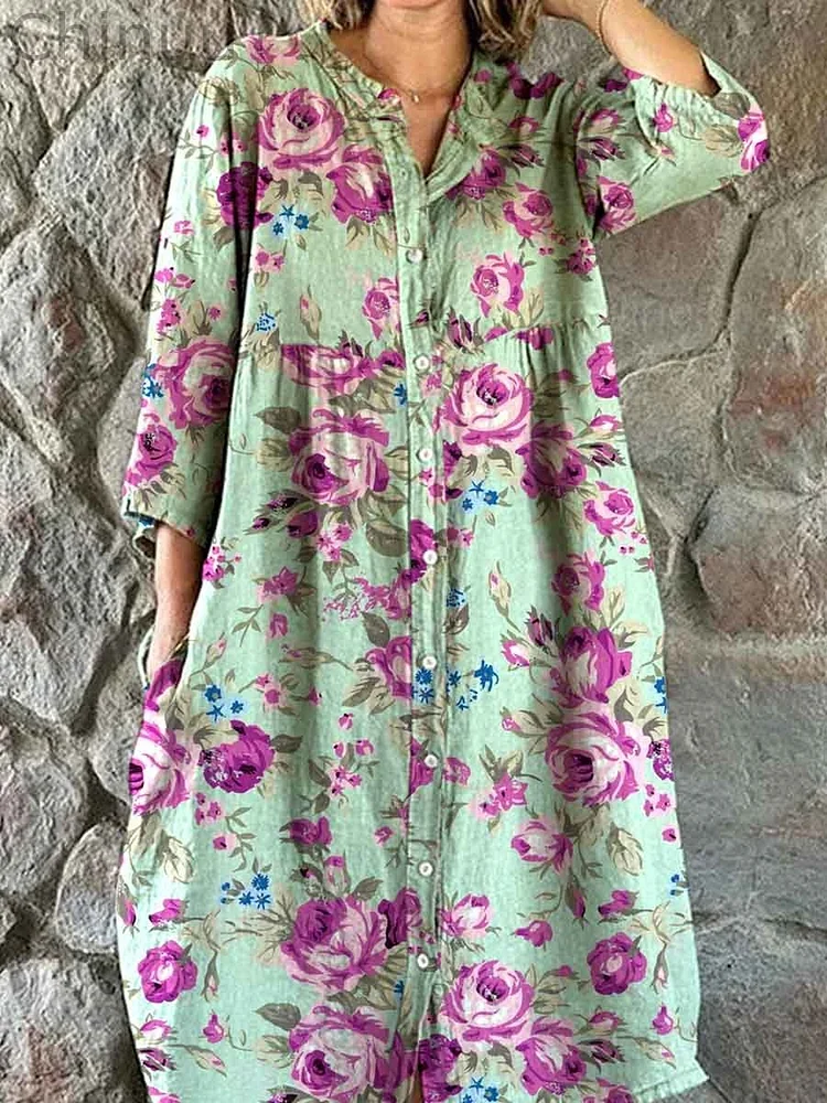 Women's Elegant Rose Flower Print Shirt Style Cotton and Linen Dress