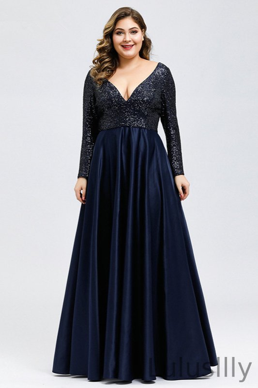 Gorgeous Long Sleeve Sequins Prom Dress Navy V-Neck Plus Size Evening Gowns - lulusllly