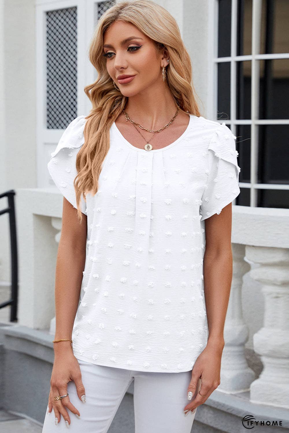 Swiss Dot Round Neck Petal Sleeve Blouse | IFYHOME