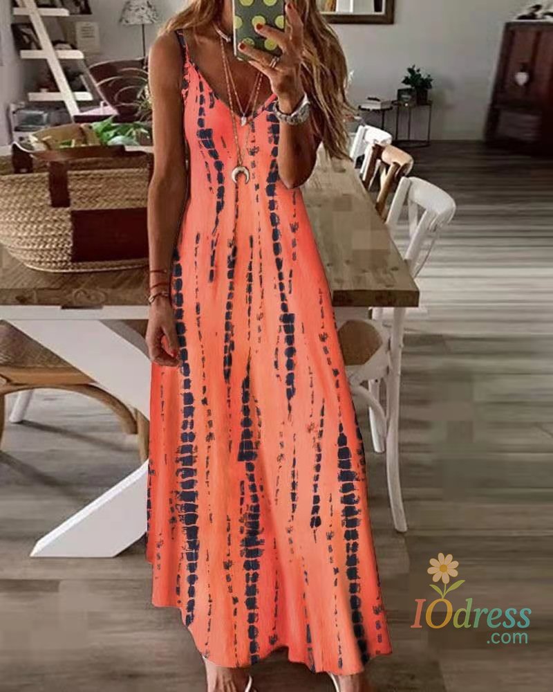 IO Dress Plus Size Europe and America  Women's  Summer New Product Tie Dyed Print Large hem Hanging Strap Dress IO Dress
