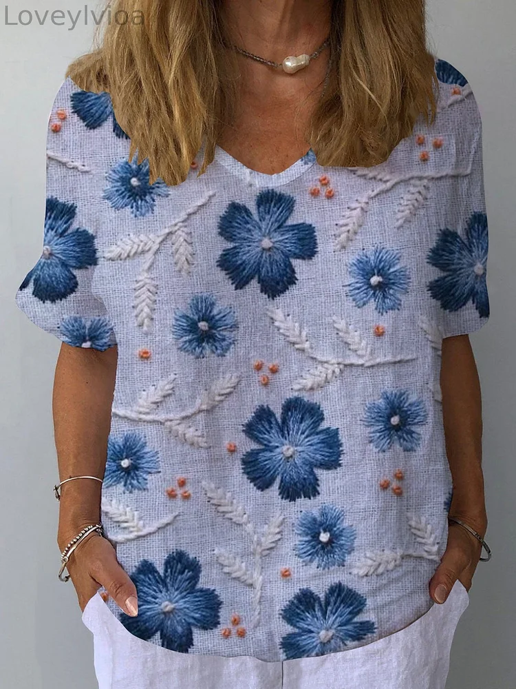 Women's Retro Floral Casual V-Neck Cotton And Linen Top