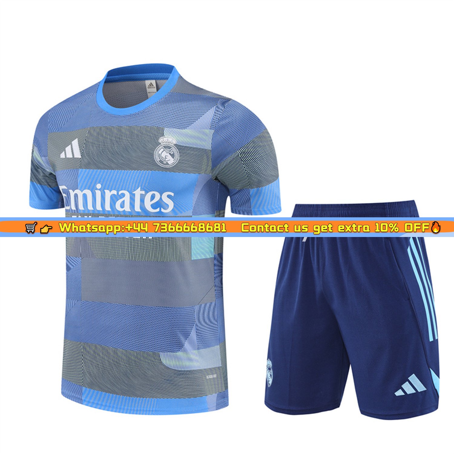 Real Madrid 25-26 Pre-Match Short-Sleeve Training Set - Blue-Gray Camouflage Top and Blue Shorts