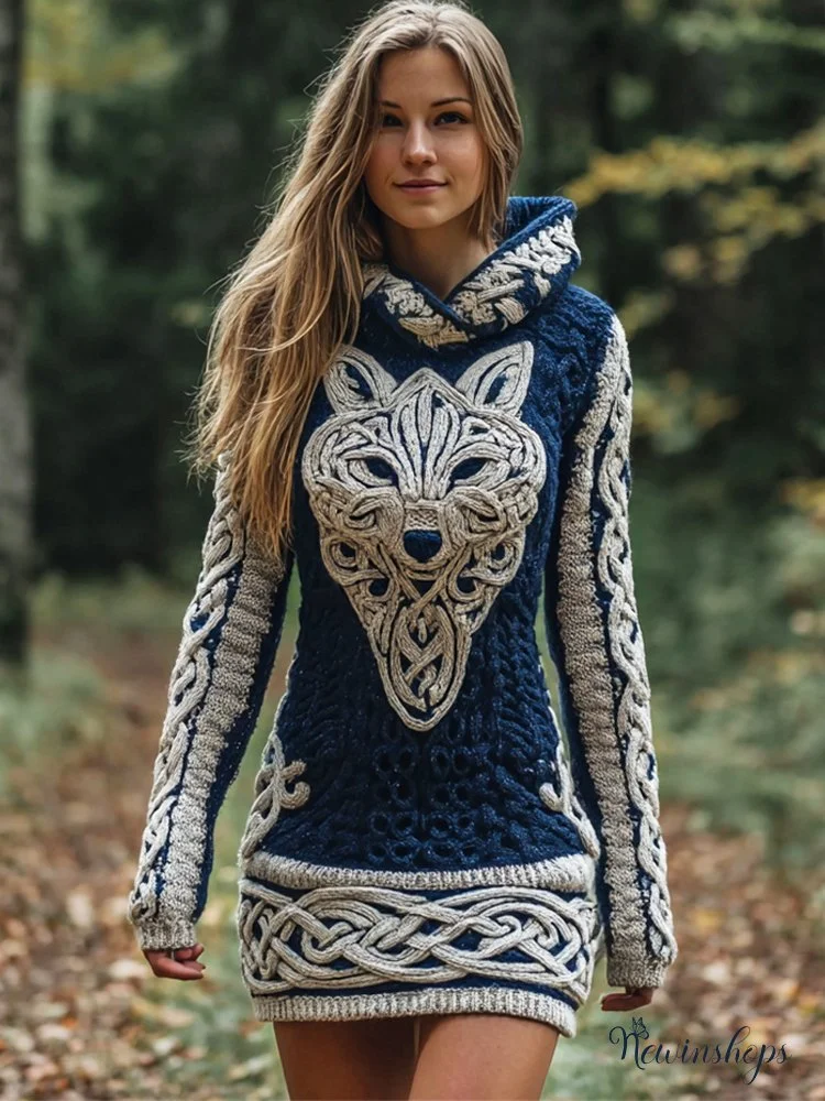 Viking Wolf Totem Women's Knit Hooded Mini Dress