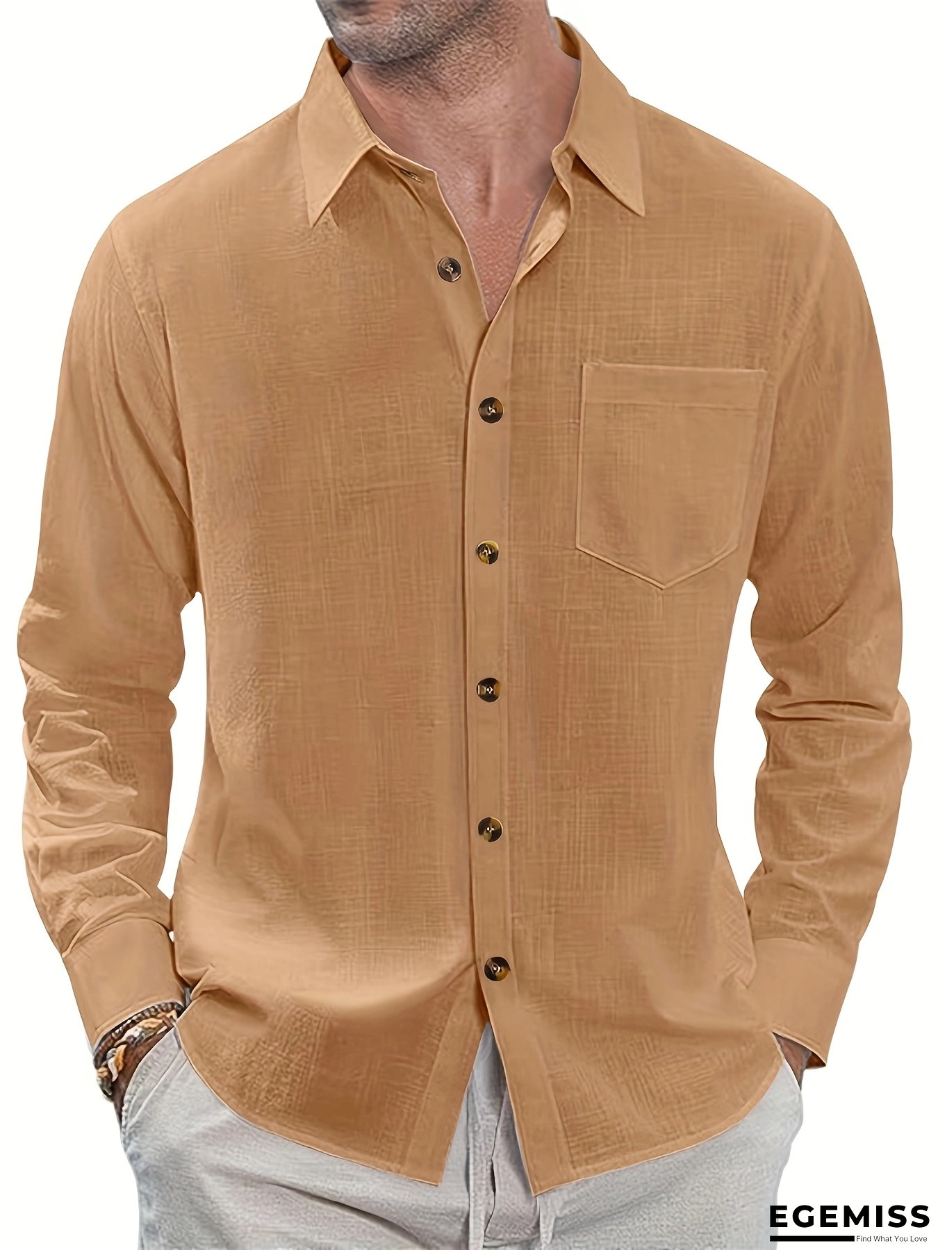 Men&lsquo;s Casual Long Sleeve Button-Up Shirt - Solid Black V-Neck with Chest Pocket, Loose Fit for Beach & Casual Attire, Lightweight Fabric, Perfect for Summer Outings, Beach Shirt | EGEMISS