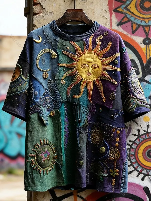 Men's Vintage Sun Moon Patchwork Art Print Drop Shoulder Casual T-Shirt ce6e