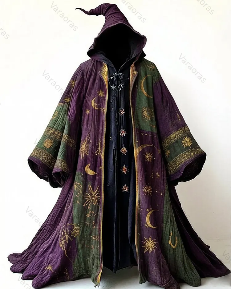 Men's Fashion Star and Moon Embroidered Linen Color-Blocked Hooded Cape  4296