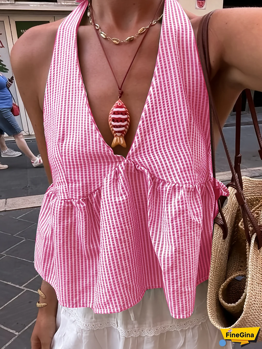 [Elegant Halter Top] Polyester Women's Elegant Halter Neck Backless Striped Top | Casual Vacation Style, Short Sleeve, Summer Wear, Casual Attire