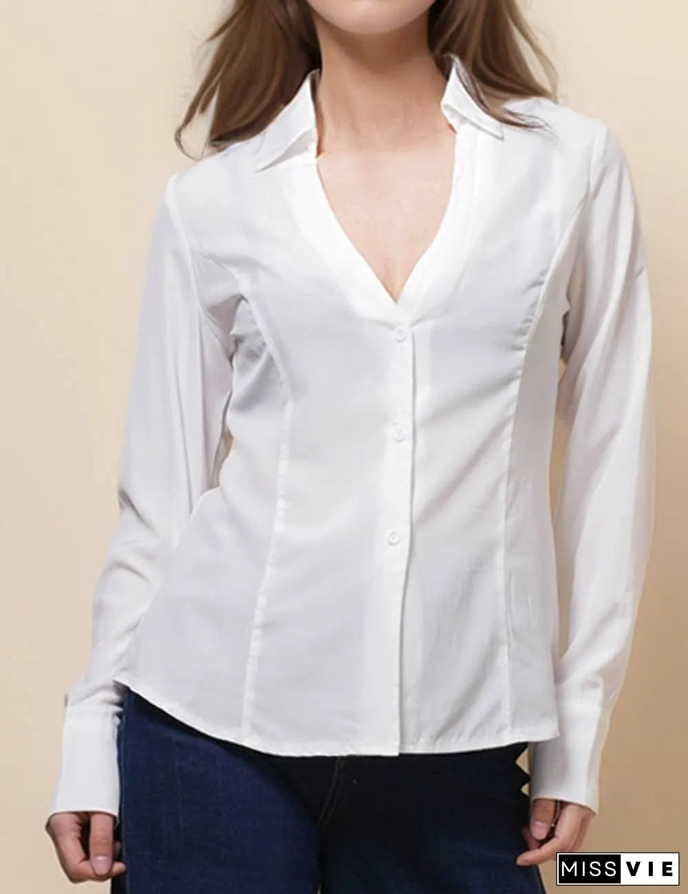 Ladies Long Sleeves Button Down White Shirt SKT51064