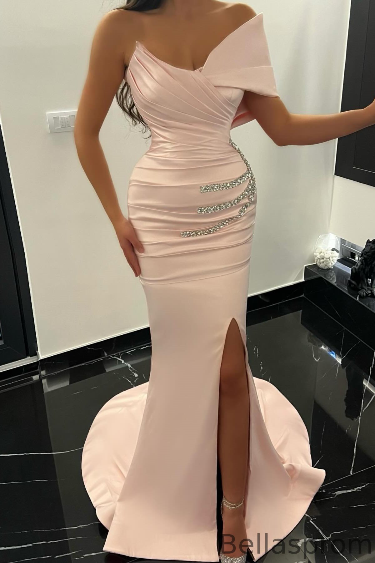 Bellasprom One Shoulder Mermaid Evening Dress Long Split With Beadings Bellasprom