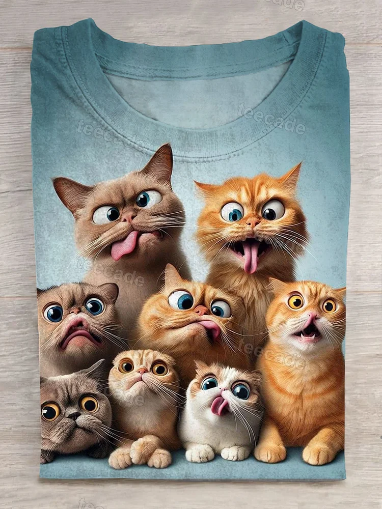 Teecade Teecade Funny Cat Art Print Short Sleeve Casual T-shirt