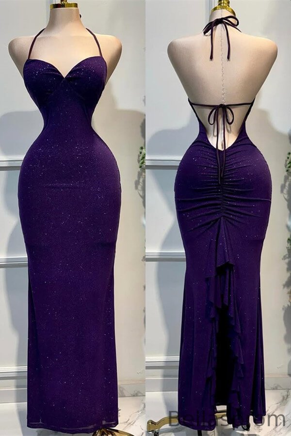 Bellasprom Grape Halter Backless Prom Dress Mermaid Sleeveless Sweetheart Bellasprom
