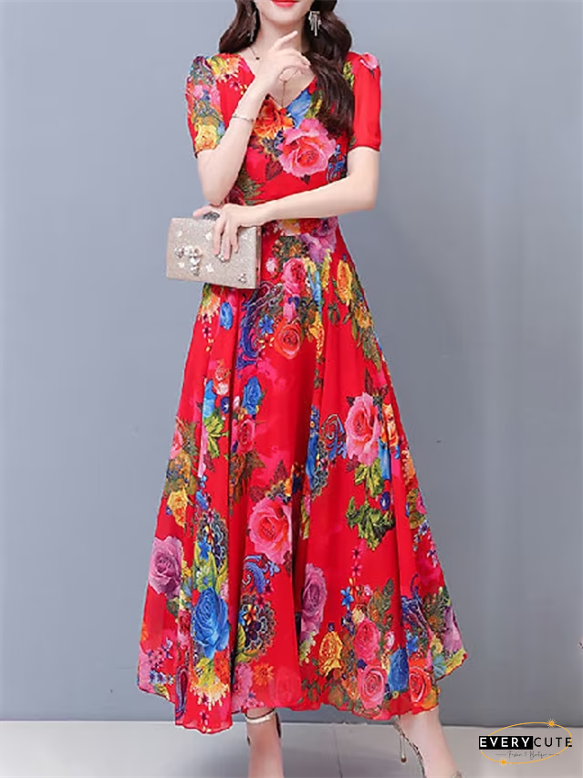 Women's Long Dress Maxi Dress Casual Dress Print Dress Floral Casual Daily Vacation Weekend Ruched Print Short Sleeve V Neck Dress Regular Fit Black Red Blue Spring Summer M L XL XXL 3XL