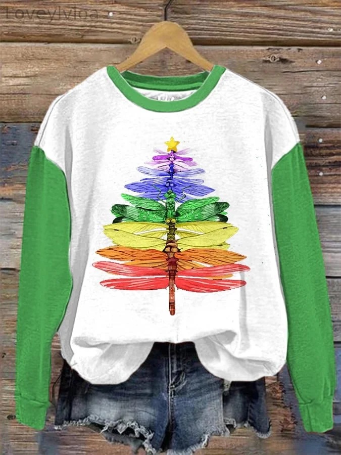 Women's Dragonfly Christmas Tree Print Sweatshirt