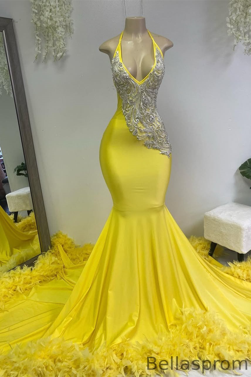 Bellasprom Lemon Yellow Halter Sleeveless Prom Dress Mermaid V-Neck With Feather Bellasprom