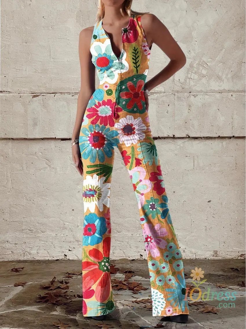 IO dress Women Fashion Printed Jumpsuits 2025 Spring Summer Sexy Sleeveless Long Straight Pants Jumpsuits With Zipper Female New Clothing IO Dress