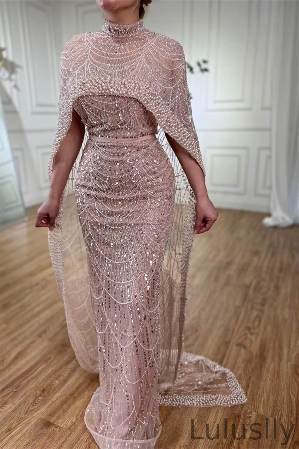Luluslly High Neck Mermaid Pearls Evening Dress With Cape Long Sequins Beads