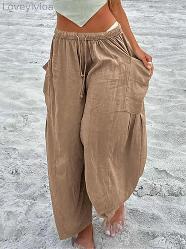 Patch Pockets Pleated Flowy Wide Leg Pants
