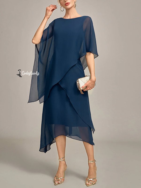 Round Neck Chiffon Solid Color Midi Dress