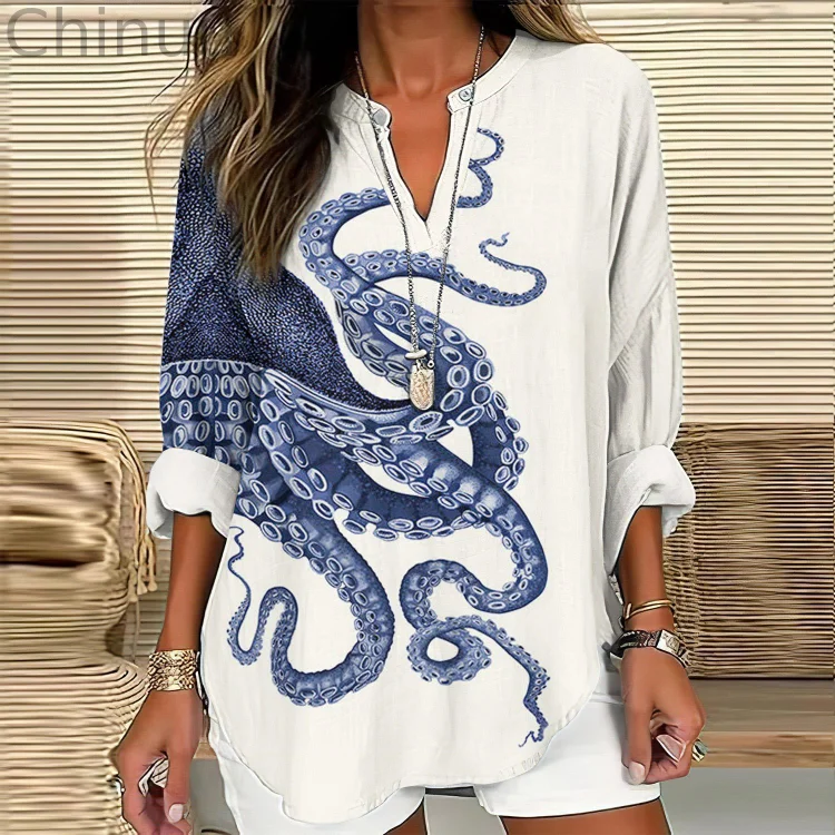 Japanese Art Octopus Print V-Neck Loose Blouse