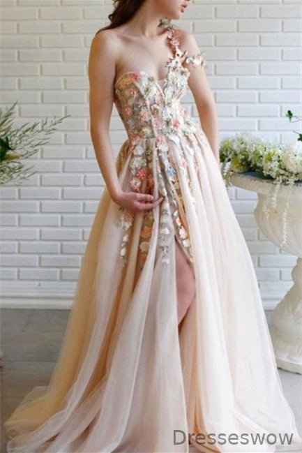 Dresseswow One Shoulder Prom Dress Tulle With Flowers Split