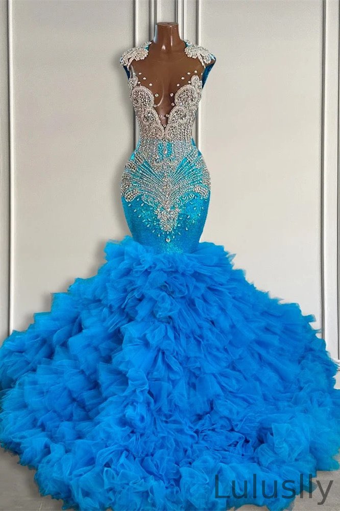 Luluslly Ocean Blue Mermaid Tulle Ruffle Prom Dress Long With Beadings