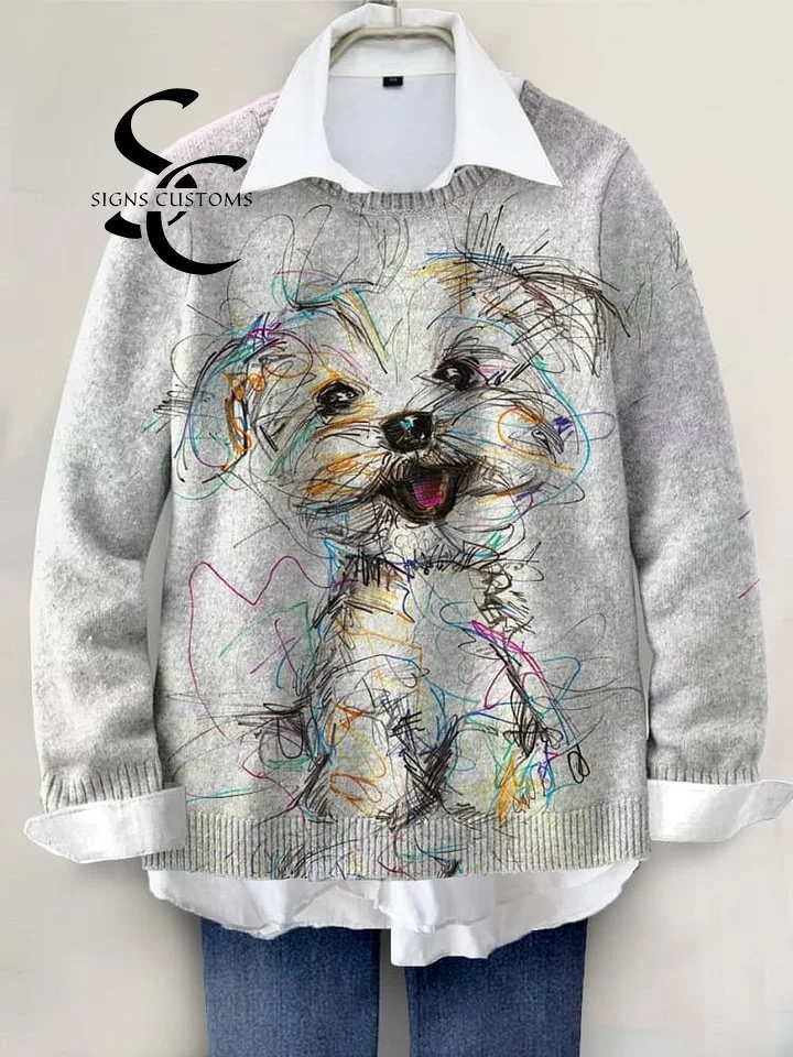 Charming Hand-Painted Dog Print Knit Pullover Sweater