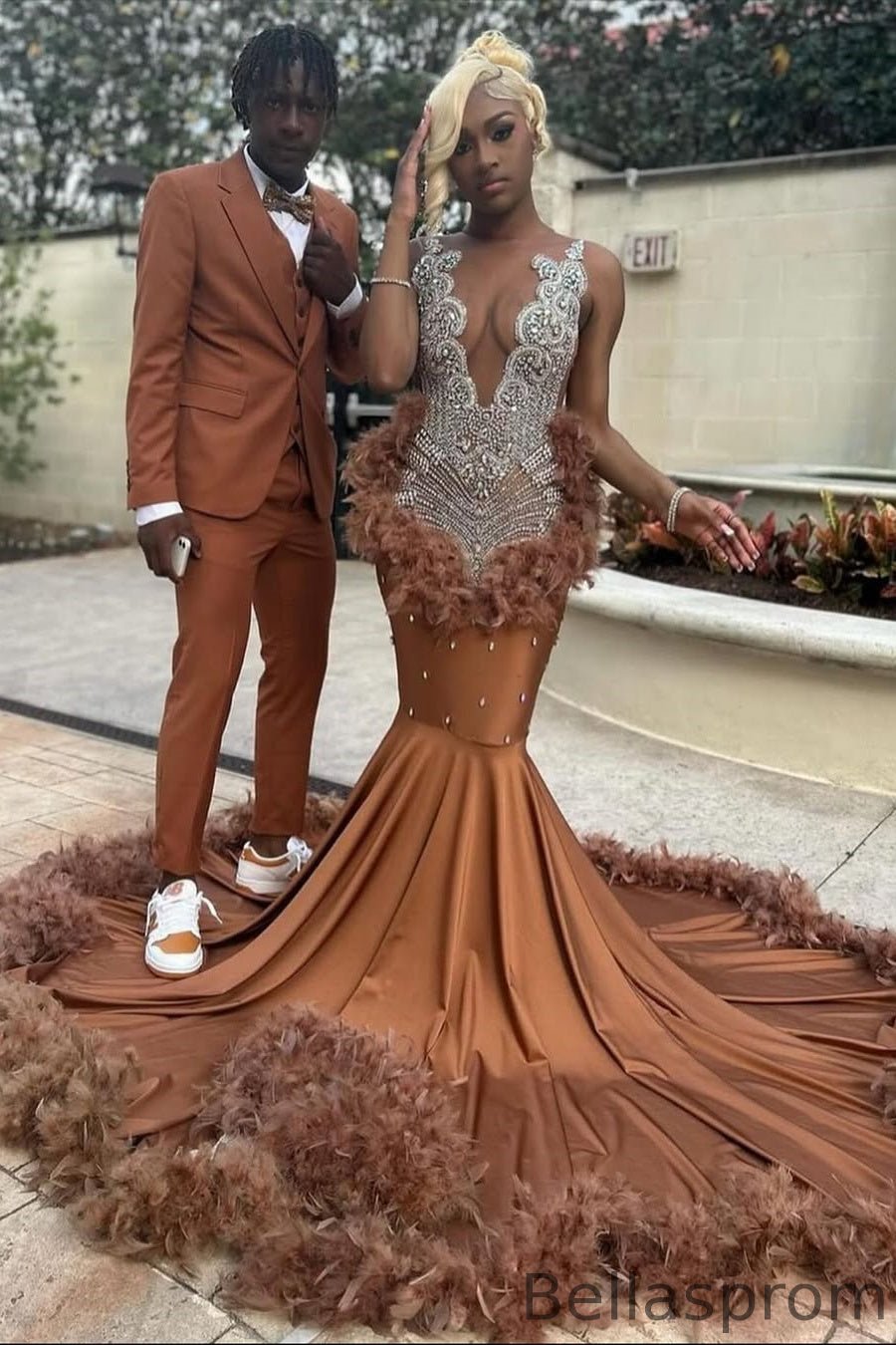 Bellasprom Brown Sleeveless Mermaid Prom Dress Long With Beadings Feathers Bellasprom