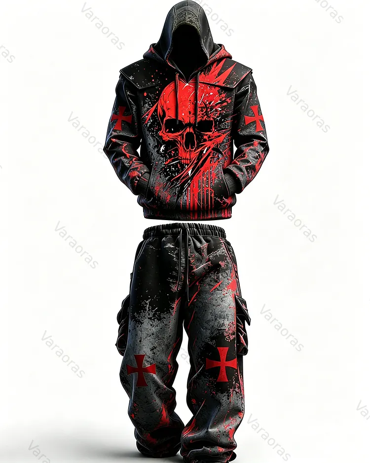 Men's Fashion Gradient Skull Embroidered Hoodie & Pants Two-Piece Set 2722