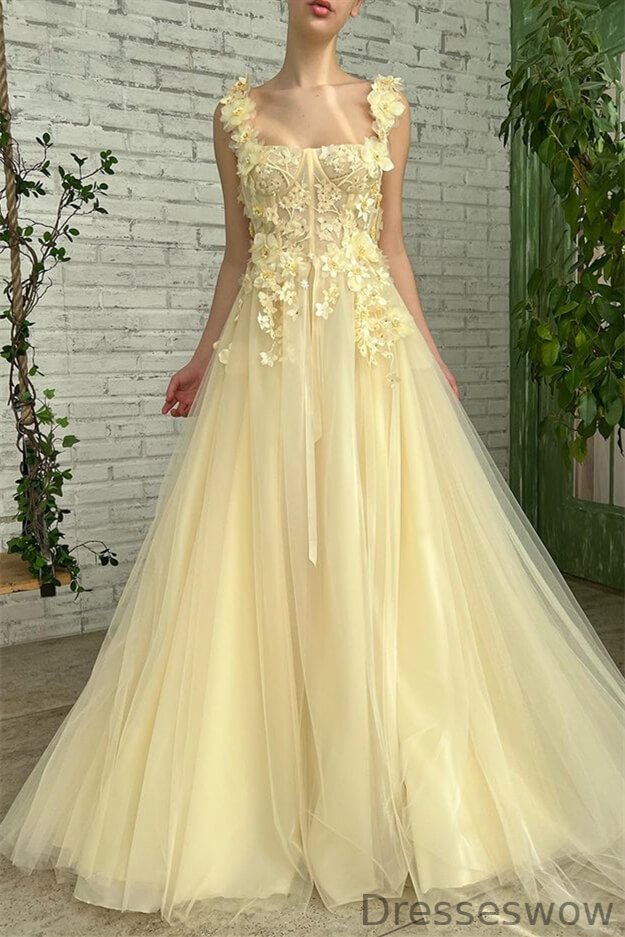 Dresseswow Daffodil Straps Long Evening Dress Tulle With Flower Appliques